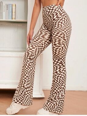 High-Rise Brown & Cream Optical-Print Flare Pants